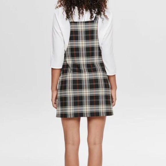 PLAID WHITE RED BLACK GREY OVERALL MIDI DRESS - Picture 3 of 10